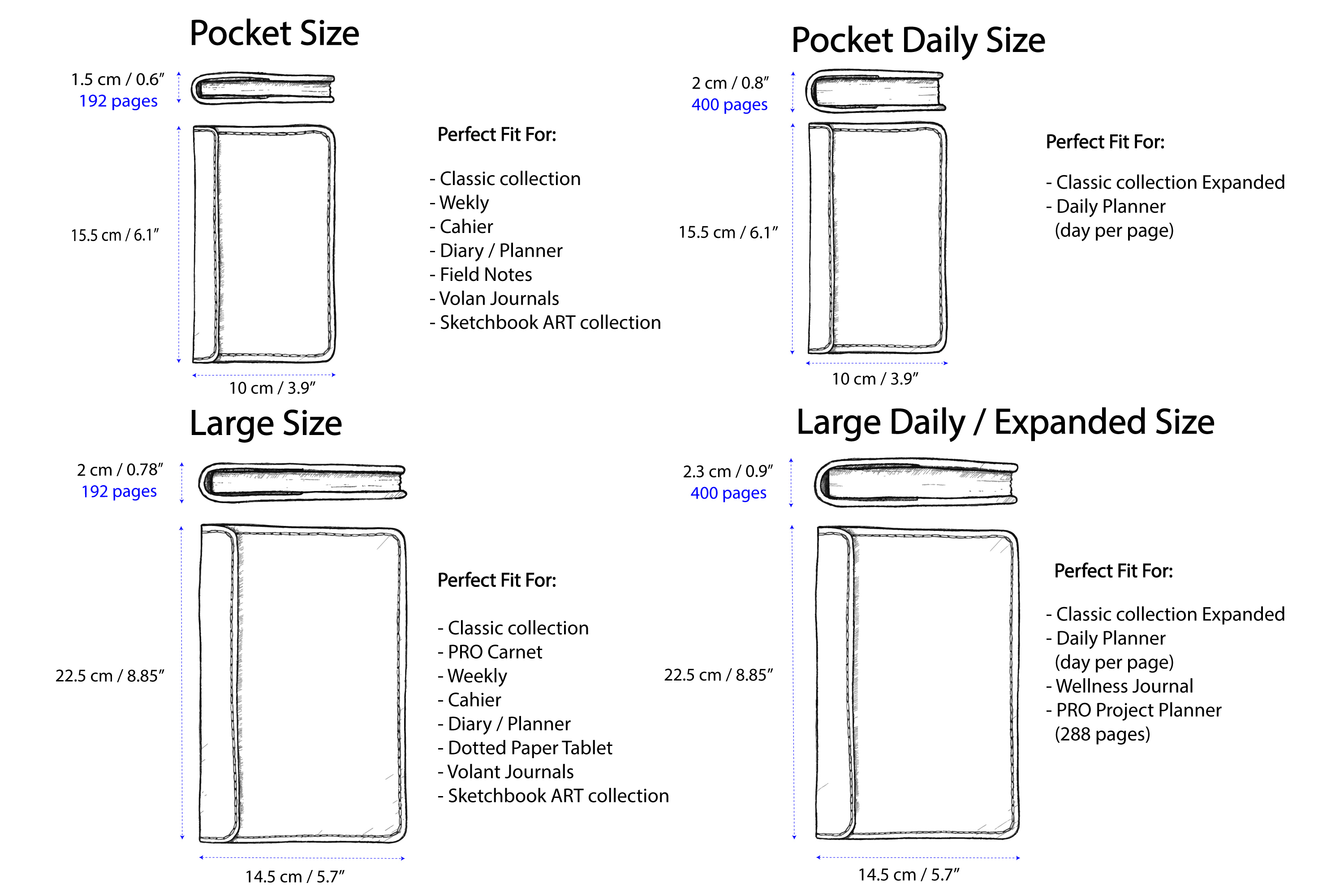 size chart for notebook cover